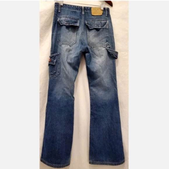VTG Jordache Whisker Denim Ombre Jeans Cargo Carpenter Baggy Flare Patch 7 / 8 - Picture 1 of 8
